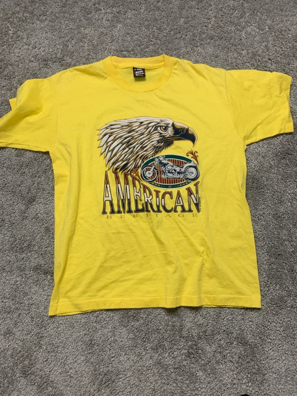 Vintage 1995 American Heritage Yellow Graphic Eagle Biker Tee - Men's